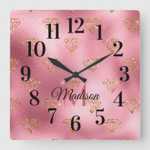 Glittery Sparking Blush Pink Gold Monogram Naam Vierkante Klok