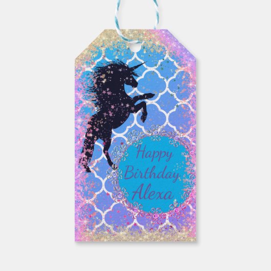 Glittery Starry Whimsical Unicorn Birthday Cadeaulabel (Achterkant)