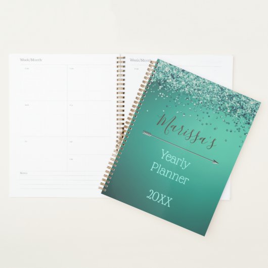 Glittery Turquiose Yearly Planner Personnalisé (Devant avec enveloppe)
