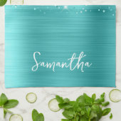 Glittery Turquoise Blauwe Glam Naam Theedoek (Gevouwen)