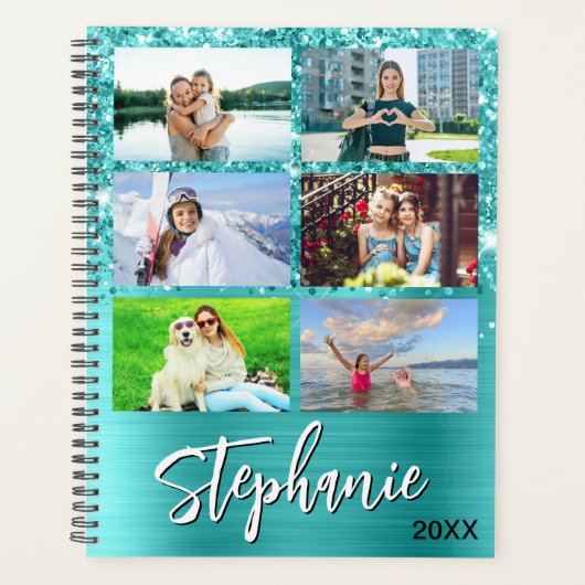 Glittery Turquoise Blue Glam 14 Photo Collage Planner (Voorkant)