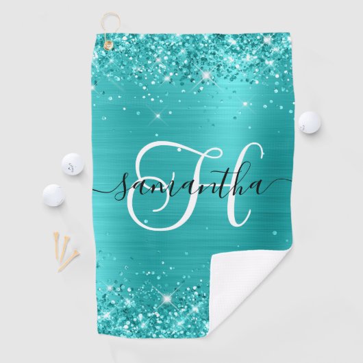 Glittery Turquoise Blue Glam Monogrammed Golfhanddoek (Insitu)