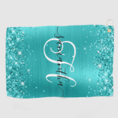Glittery Turquoise Blue Glam Monogrammed Golfhanddoek (Horizontaal)