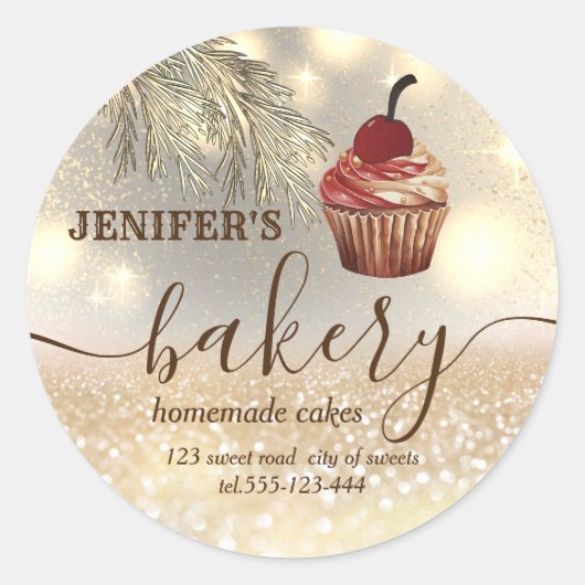 Glittery vakantie cupcake chef-kok script bakkerij ronde sticker (Voorkant)