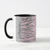 Glittery zilveren zebra print op roze gepersonalis mok (Links)