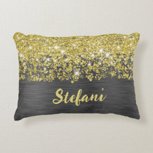 Glittery Zwart Goud Glam Script Naam Accent Kussen
