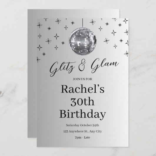 Glitz and Glam Silver Disco Birthday Kaart (Voorkant / Achterkant)