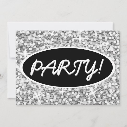 Glitz "Argent" "Fête !" invitation noire ovale (Devant)