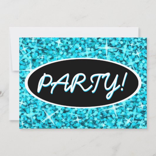 Glitz Blue 'Party' invitation noire ovale (Devant)
