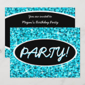 Glitz Blue 'Party' invitation noire ovale (Devant / Derrière)