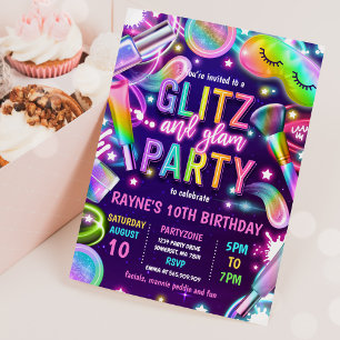 Glitz en Glam Glow Neon Spa Makeup Birthday Party Kaart