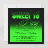 Glitz en Glamoureus Black en Neon Green Sweet 16 Kaart (Voorkant)