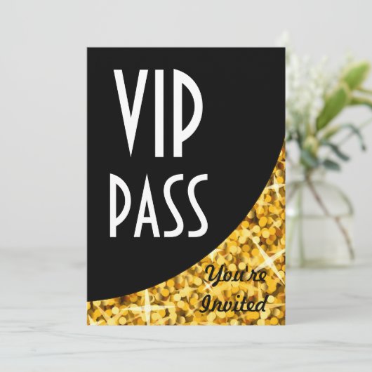 "Glitz Gold" invitation "VIP Pass" courbe noire (Debout devant)