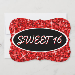 Glitz Red 'Sweet 16' zwarte ovale uitnodigingsbeug Kaart