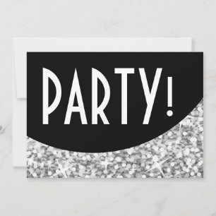 Glitz "Silver" zwarte kromme "Party!" uitnodiging