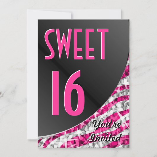 Glitz Zebra Roze curve "Sweet 16" uitnodiging (Voorkant)