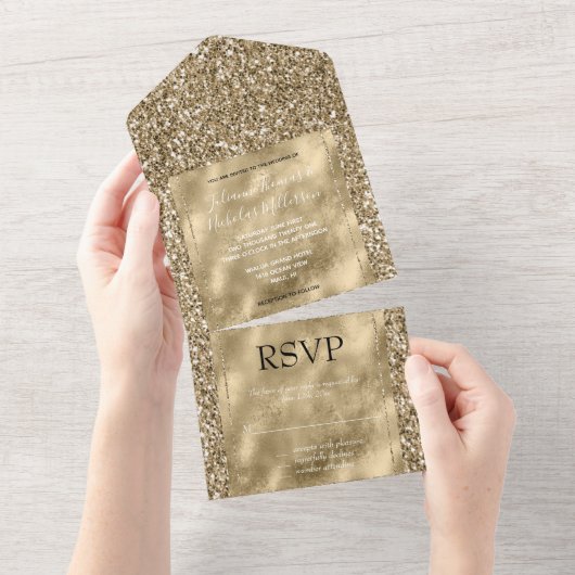Glitzy Antiek Gold Glitter      All In One Uitnodiging (Afscheurbaar)