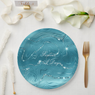 Glitzy Aqua Blue Bruiloft Papieren Bordje