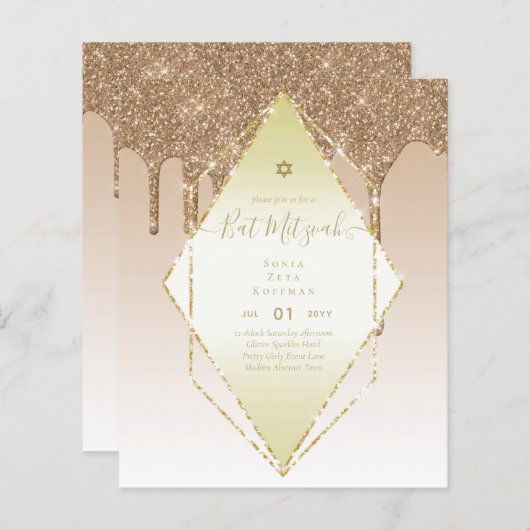 Glitzy BAT MITZVAH nodigt Glitter Sparkles Modern  (Voorkant / Achterkant)