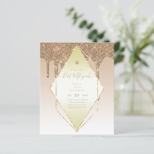 Glitzy BAT MITZVAH nodigt Glitter Sparkles Modern  (Staand voorkant)