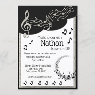 Glitzy Black & White Musical Notes Birthday Kaart