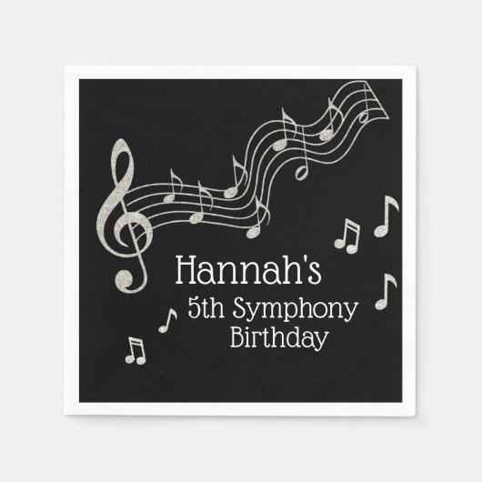 Glitzy Black & White Musical Notes Birthday Servet (Voorkant)