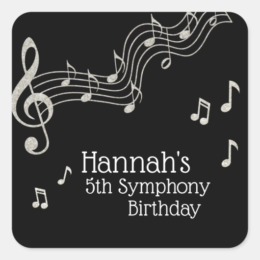 Glitzy Black & White Musical Notes Birthday Vierkante Sticker (Voorkant)