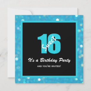 Glitzy Blue Black Sweet 16 Party-uitnodigingen Kaart