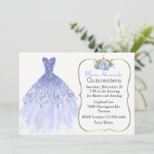 Glitzy Blue Gown Quinceañera Uitnodiging (Staand voorkant)