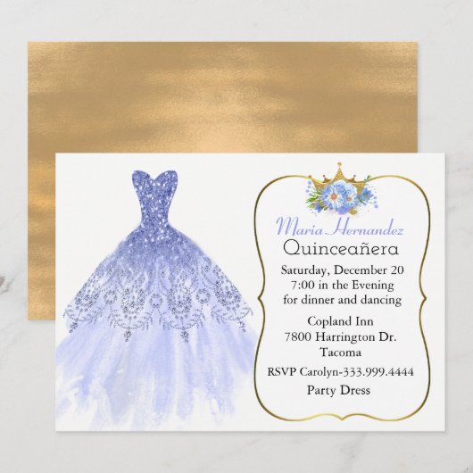 Glitzy Blue Gown Quinceañera Uitnodiging (Voorkant / Achterkant)