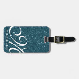 Glitzy Blue Script Monogramed Bagagelabel
