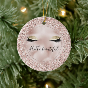 Glitzy Blush Pink Glitter Gold Eyelashes Keramisch Ornament