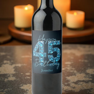 Glitzy Chic Sapphire Blue en Black 45e verjaardag Wijn Etiket