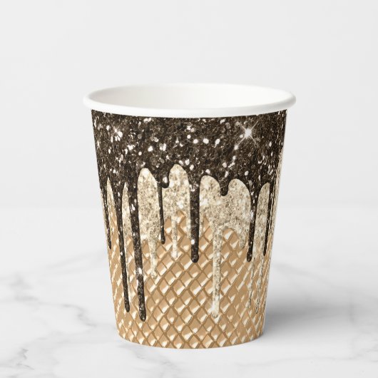 Glitzy Chocolate Ice Cream Cone Glitter Druppels Papieren Bekers (Achterkant)