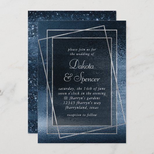 Glitzy Folie | Navy Blue Faux Glam Metallic Weddin Kaart (Voorkant / Achterkant)