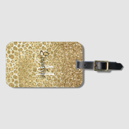 Glitzy Glam Gold Glitter Leopard Print Monogram Bagagelabel
