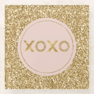 Glitzy Gold Glitter Blush Pink Love XOXO Glazen Onderzetter