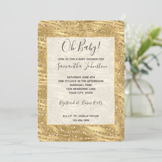Glitzy Gold Glitter Zebra Baby shower Kaart (Staand voorkant)