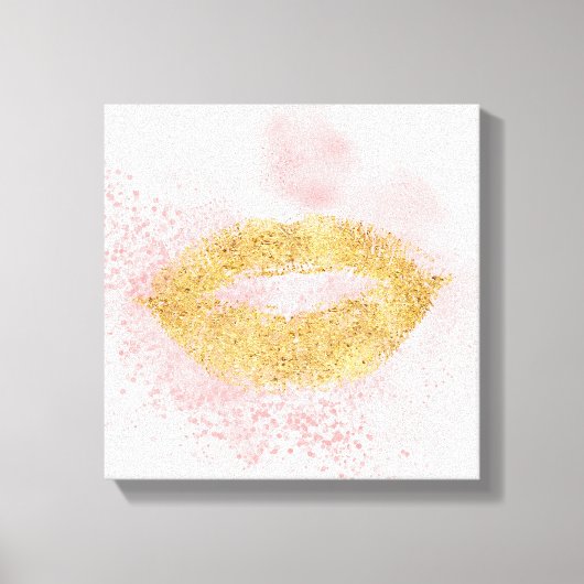 Glitzy Gold Lips Roze Confetti Kus Canvas Afdruk (Voorkant)