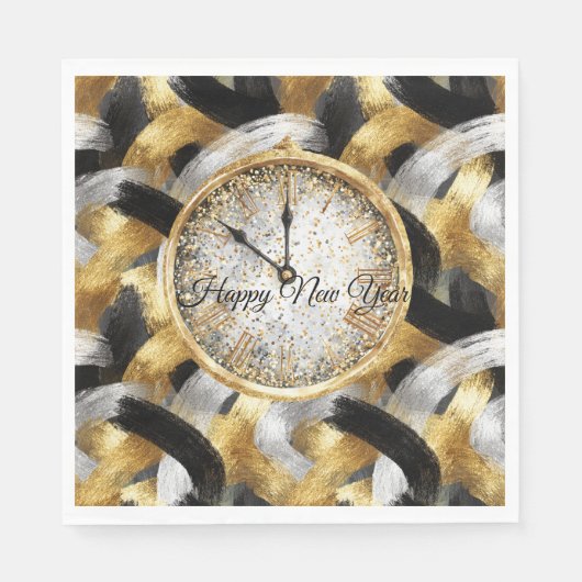 Glitzy Gold Silver Black New Year's Clock Servet (Voorkant)