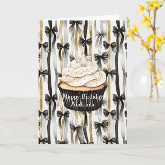 Glitzy Gold Silver Black Ribbons Bows Birthday Kaart (Gele Bloem)