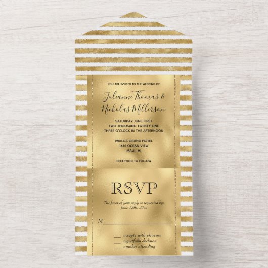 Glitzy Gold White Glam Glitter Stripes All In One Uitnodiging (Binnen)