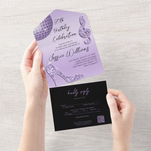 Glitzy Lila & Zwart 30ste verjaardag QR Code All In One Uitnodiging (Afscheurbaar)