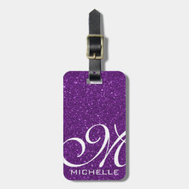 Glitzy Paars Script Monogramed Bagagelabel