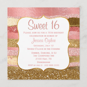 Glitzy Pink and Gold Sweet 16 Birthday Uitnodiging