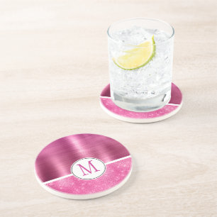 Glitzy Pink Glam-sprankelmonogram Zandsteen Onderzetter