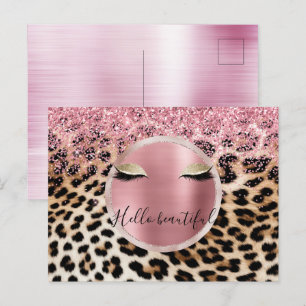 Glitzy Pink Glitter Gouden Wimpers Luipaard Briefkaart