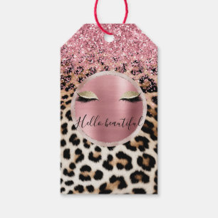 Glitzy Pink Glitter Gouden Wimpers Luipaard Cadeaulabel
