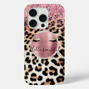 Glitzy Pink Glitter Gouden Wimpers Luipaard iPhone 15 Pro Case