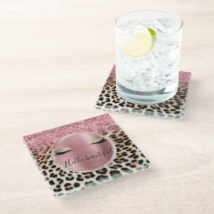 Glitzy Pink Glitter Gouden Wimpers Luipaard Glazen Onderzetter